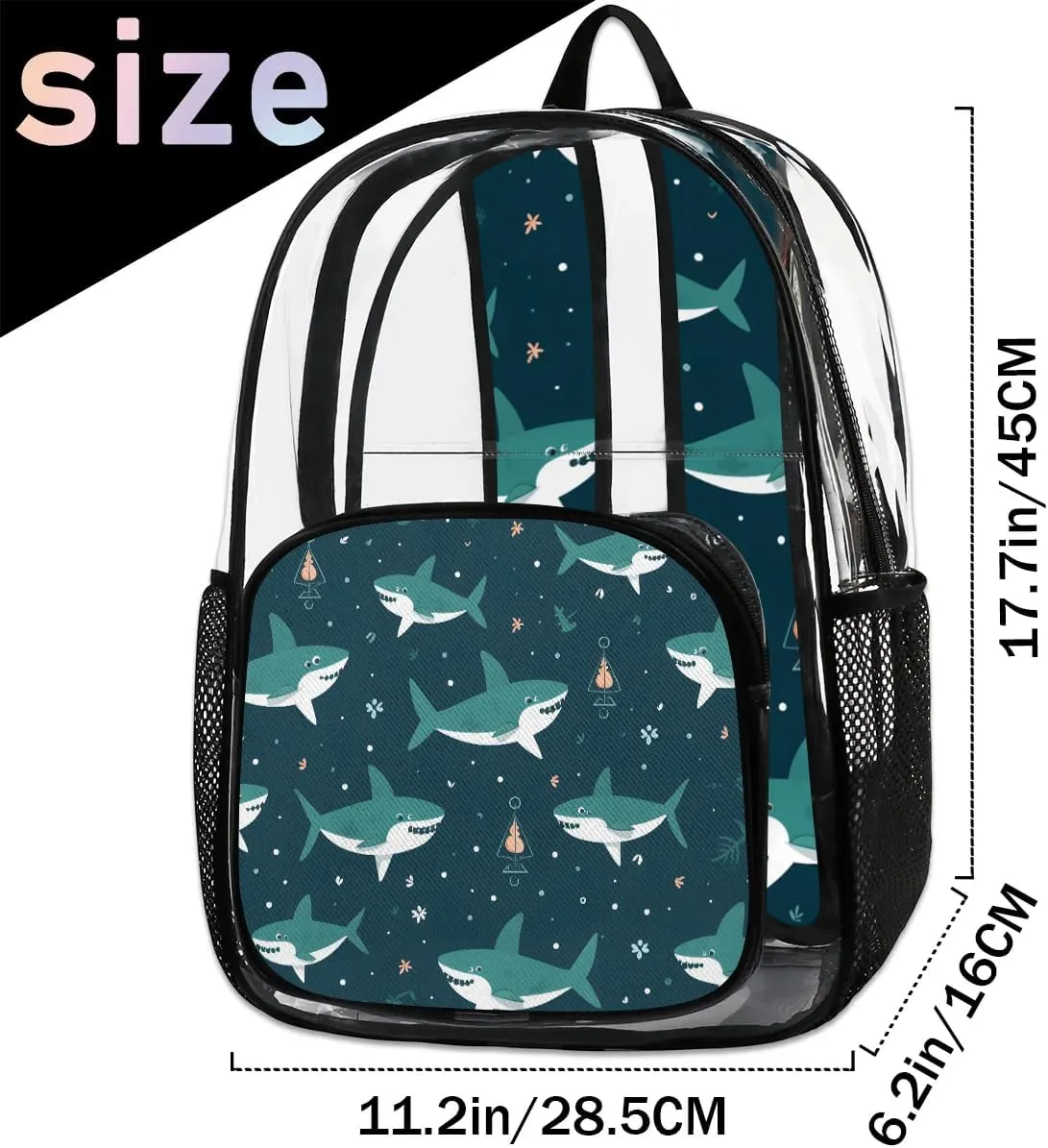 Cute Shark Clear Backpack Stadium Approved Heavy-Duty See Through Bag Waterproof Clear Backpack for Concerts Work Sports & Events Large Capacity 11.2x6.2x17.7"