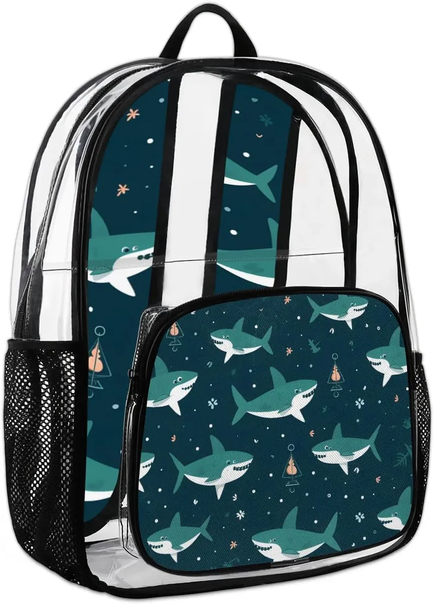 Cute Shark Clear Backpack Stadium Approved Heavy-Duty See Through Bag Waterproof Clear Backpack for Concerts Work Sports & Events Large Capacity 11.2x6.2x17.7"