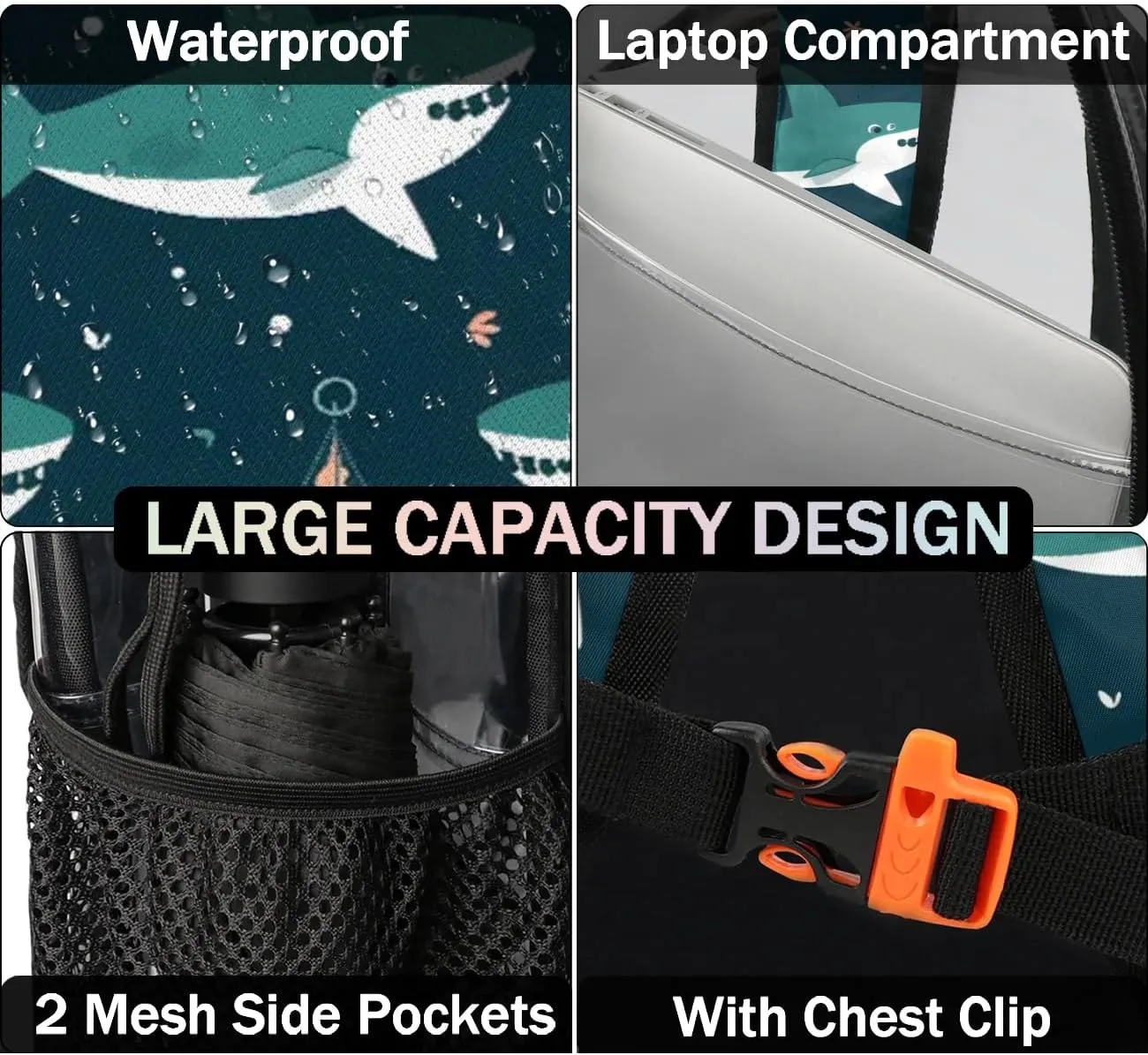 Cute Shark Clear Backpack Stadium Approved Heavy-Duty See Through Bag Waterproof Clear Backpack for Concerts Work Sports & Events Large Capacity 11.2x6.2x17.7"