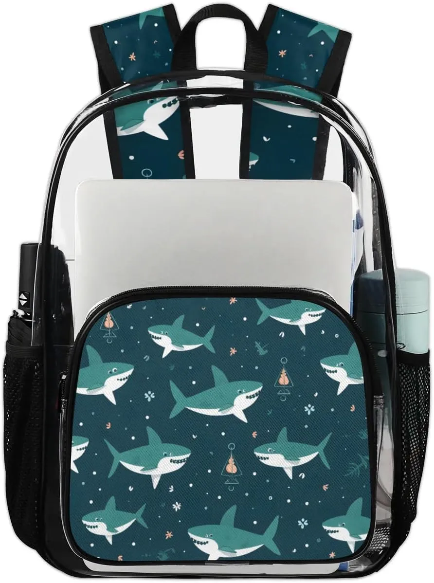 Cute Shark Clear Backpack Stadium Approved Heavy-Duty See Through Bag Waterproof Clear Backpack for Concerts Work Sports & Events Large Capacity 11.2x6.2x17.7"