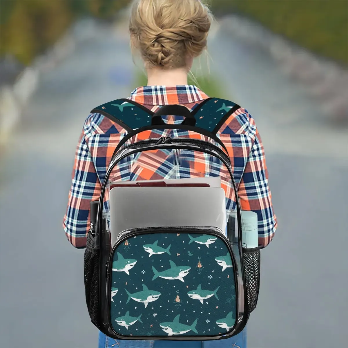 Cute Shark Clear Backpack Stadium Approved Heavy-Duty See Through Bag Waterproof Clear Backpack for Concerts Work Sports & Events Large Capacity 11.2x6.2x17.7"