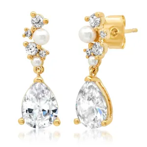CZ and Pearl Cluster with Tear Drop Dangle