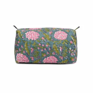 DAHLIA JAAL GREEN PRINTED QUILTED TOILETRY POUCH