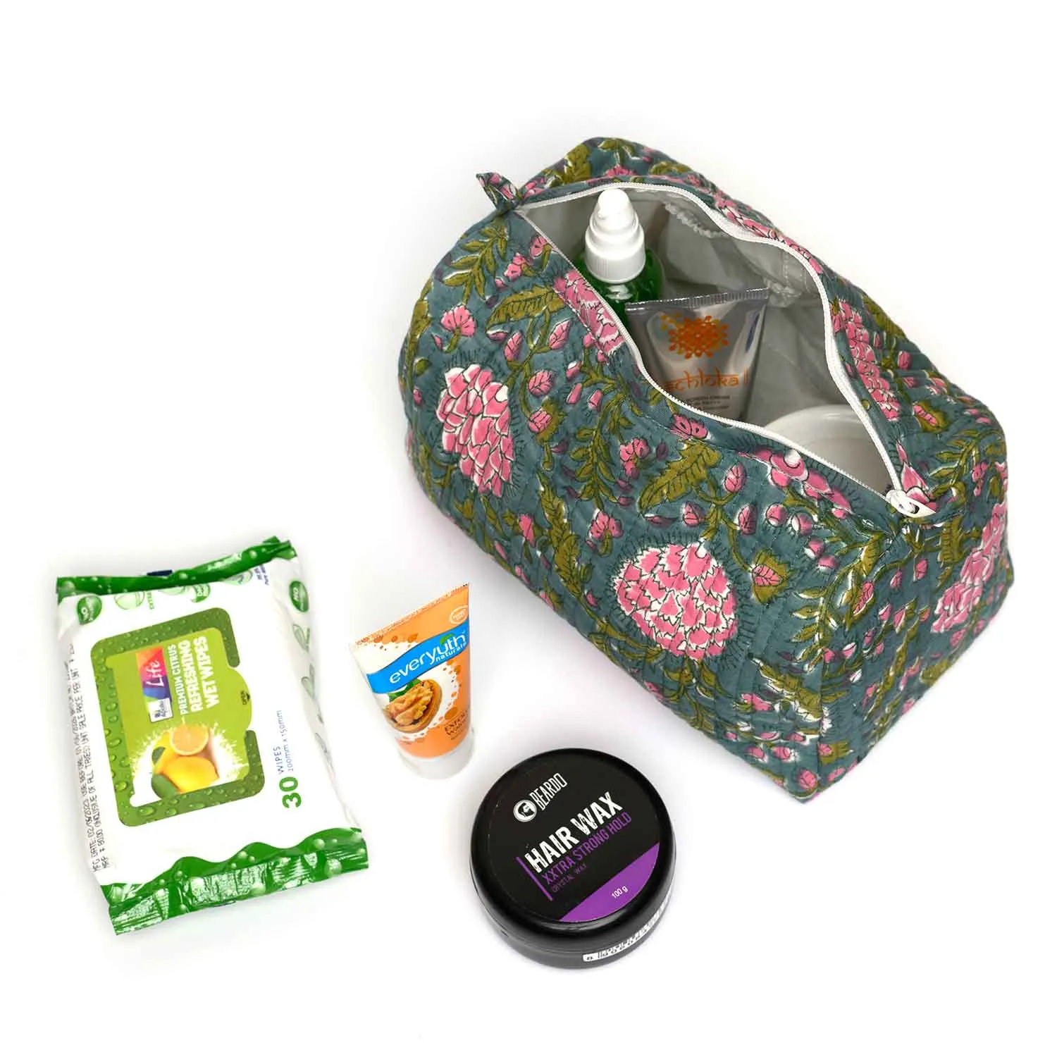 DAHLIA JAAL GREEN PRINTED QUILTED TOILETRY POUCH