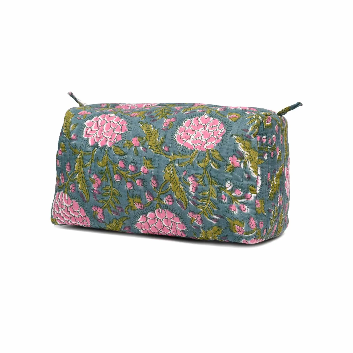 DAHLIA JAAL GREEN PRINTED QUILTED TOILETRY POUCH