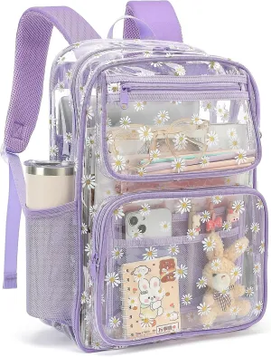 Daisy Clear Backpack for Girls Women, Heavy Duty Transparent School Backpack See Through Bookbag (Purple)