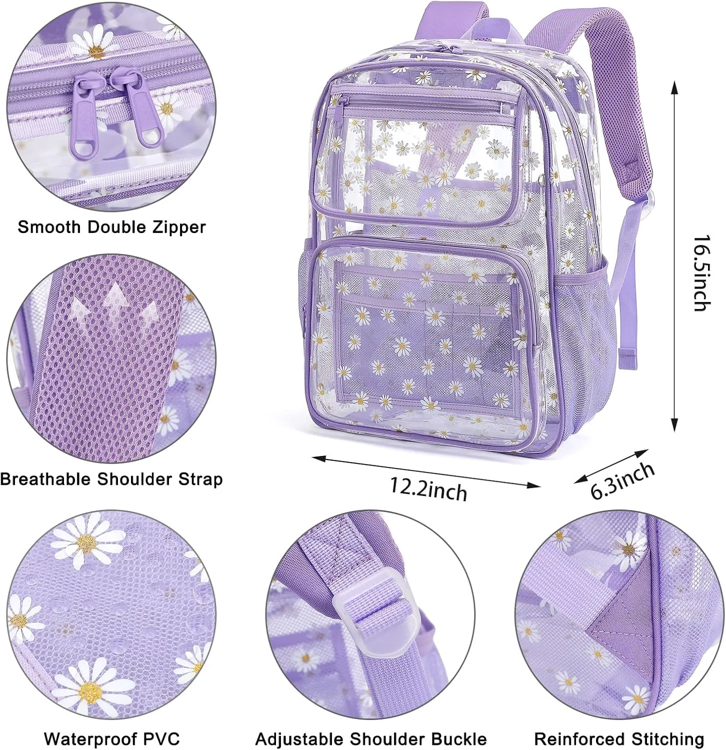 Daisy Clear Backpack for Girls Women, Heavy Duty Transparent School Backpack See Through Bookbag (Purple)