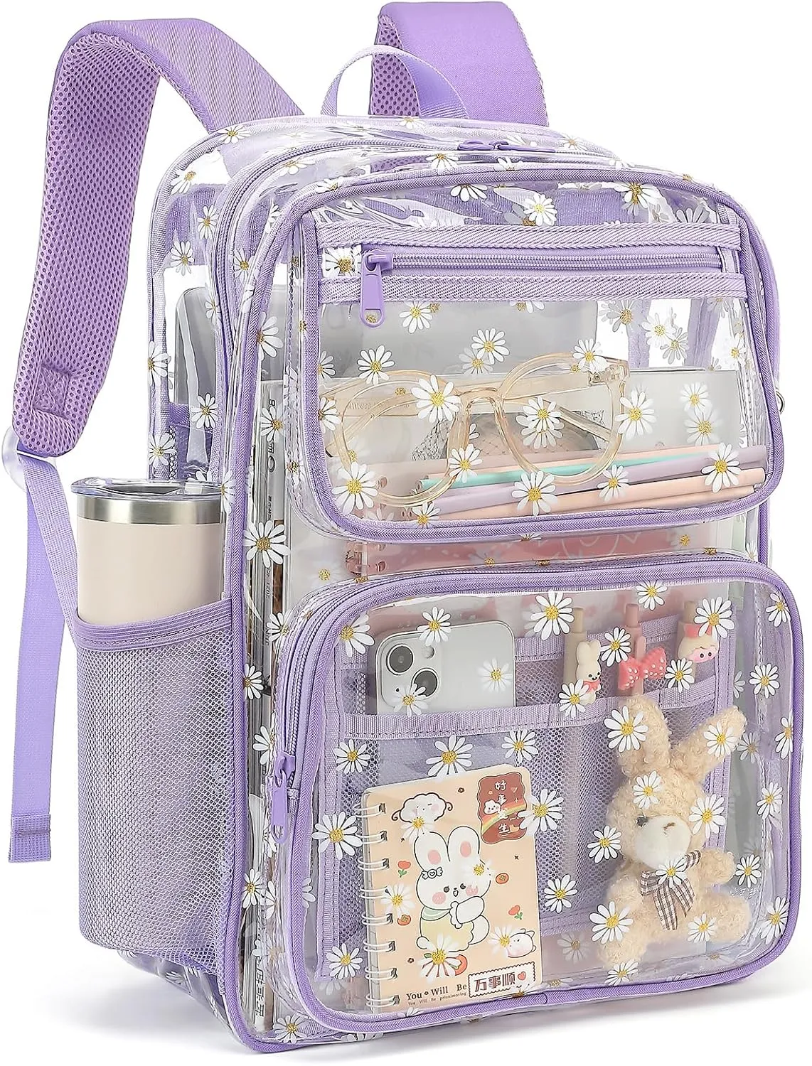 Daisy Clear Backpack for Girls Women, Heavy Duty Transparent School Backpack See Through Bookbag (Purple)