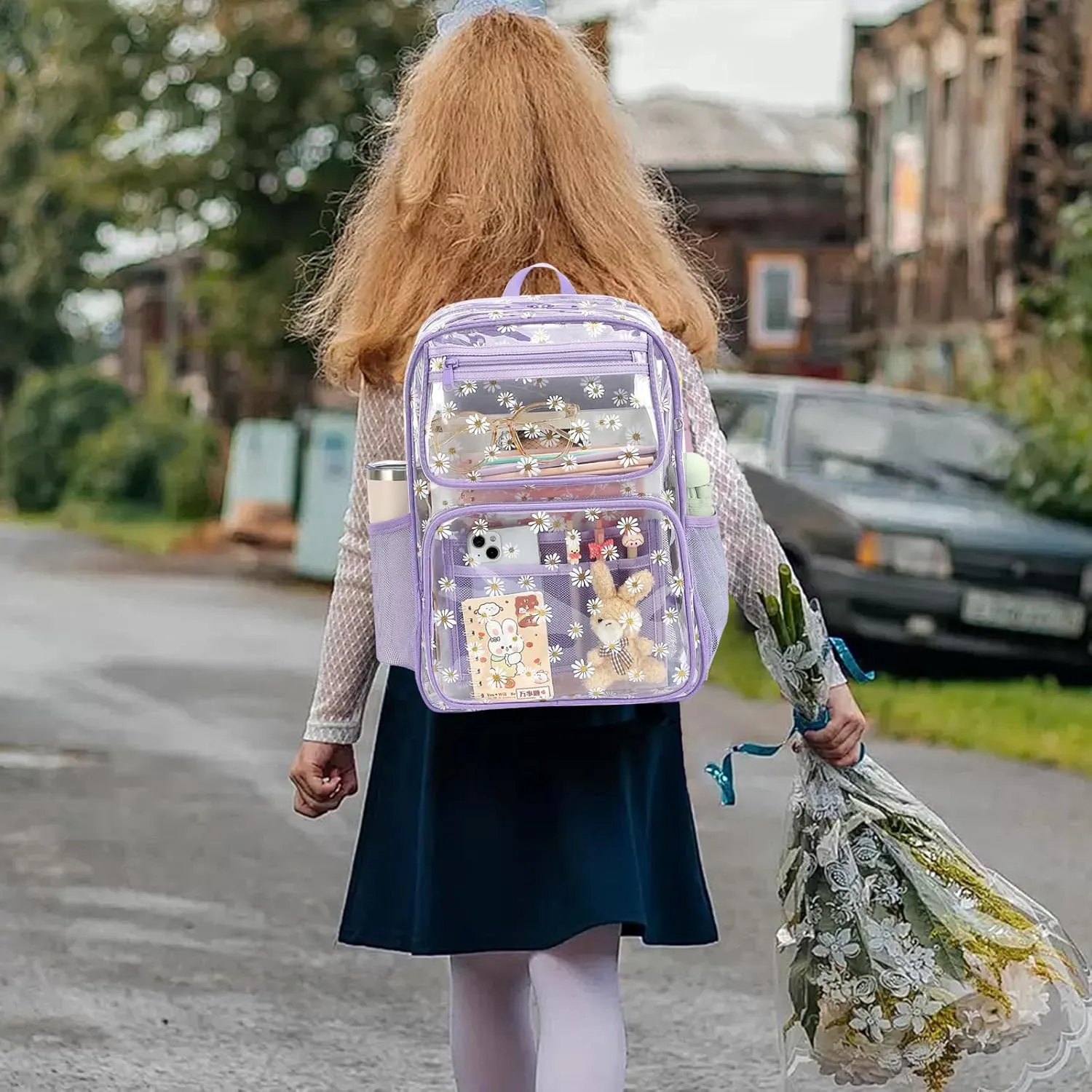 Daisy Clear Backpack for Girls Women, Heavy Duty Transparent School Backpack See Through Bookbag (Purple)
