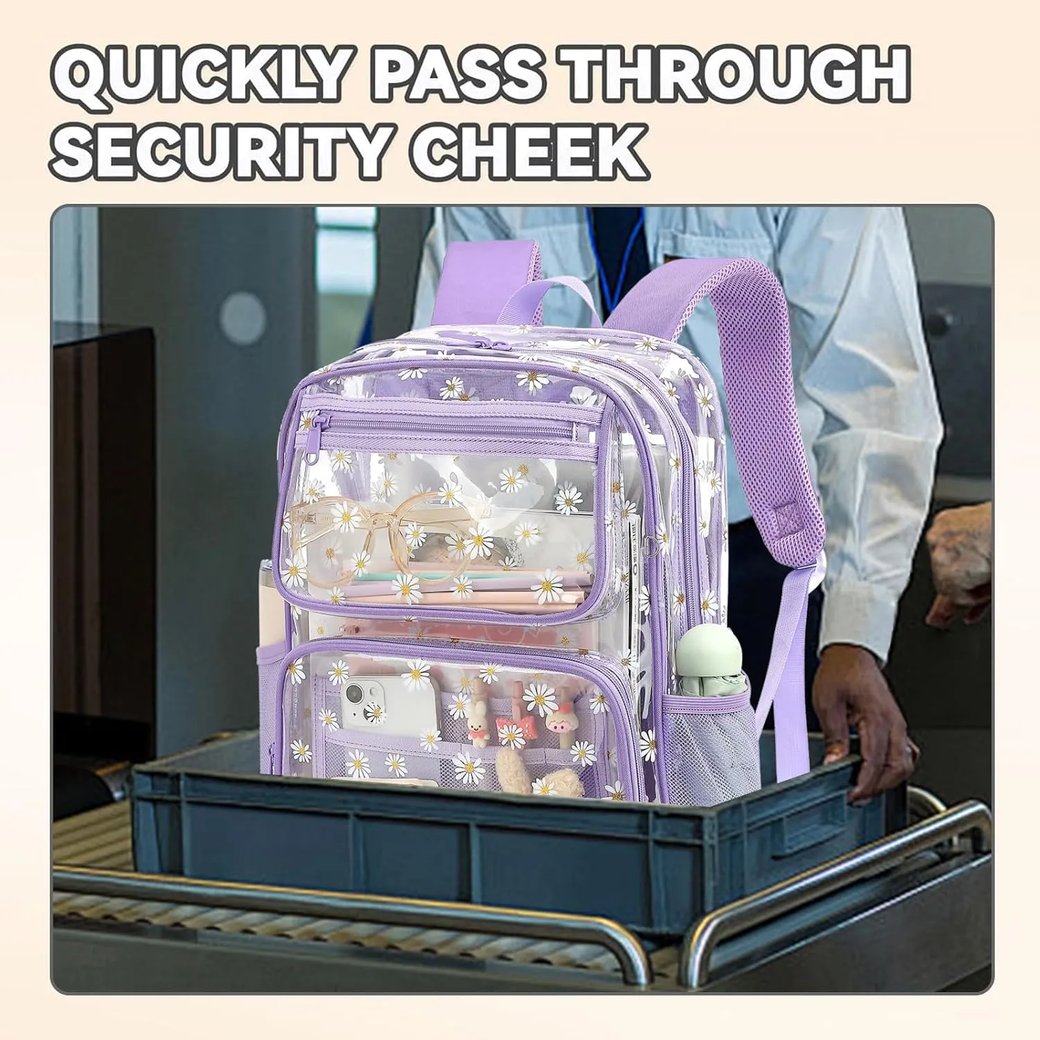 Daisy Clear Backpack for Girls Women, Heavy Duty Transparent School Backpack See Through Bookbag (Purple)