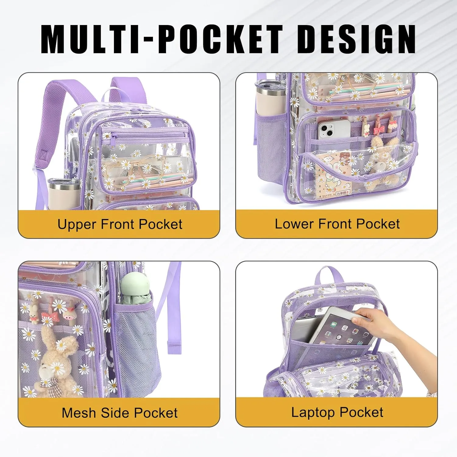 Daisy Clear Backpack for Girls Women, Heavy Duty Transparent School Backpack See Through Bookbag (Purple)