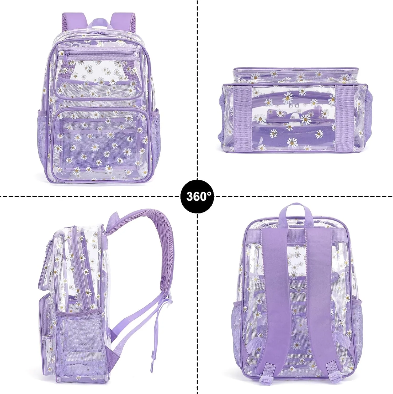 Daisy Clear Backpack for Girls Women, Heavy Duty Transparent School Backpack See Through Bookbag (Purple)