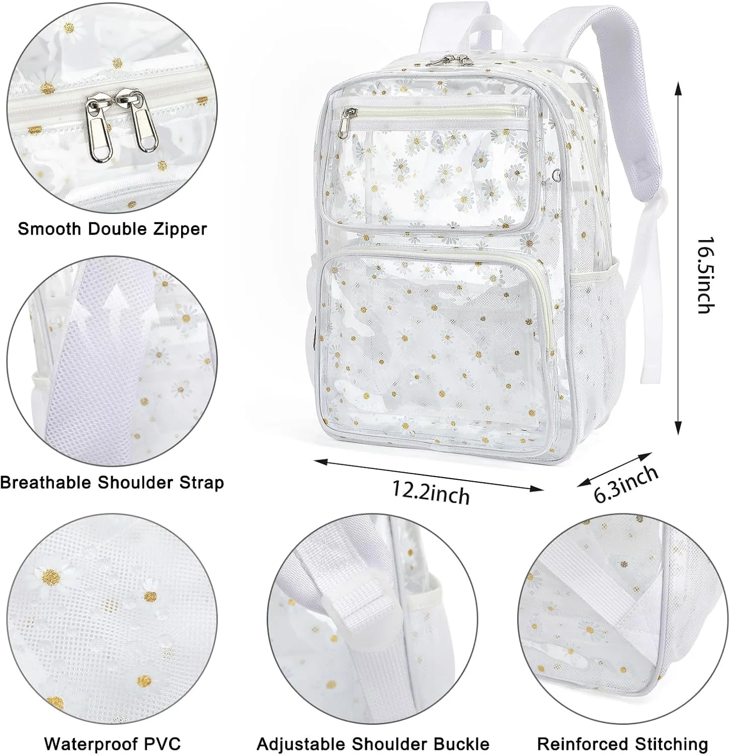 Daisy Clear Backpack for Girls Women, Heavy Duty Transparent School Backpack See Through Bookbag (White)