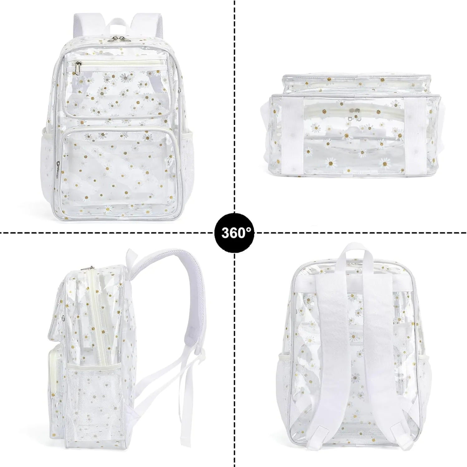 Daisy Clear Backpack for Girls Women, Heavy Duty Transparent School Backpack See Through Bookbag (White)