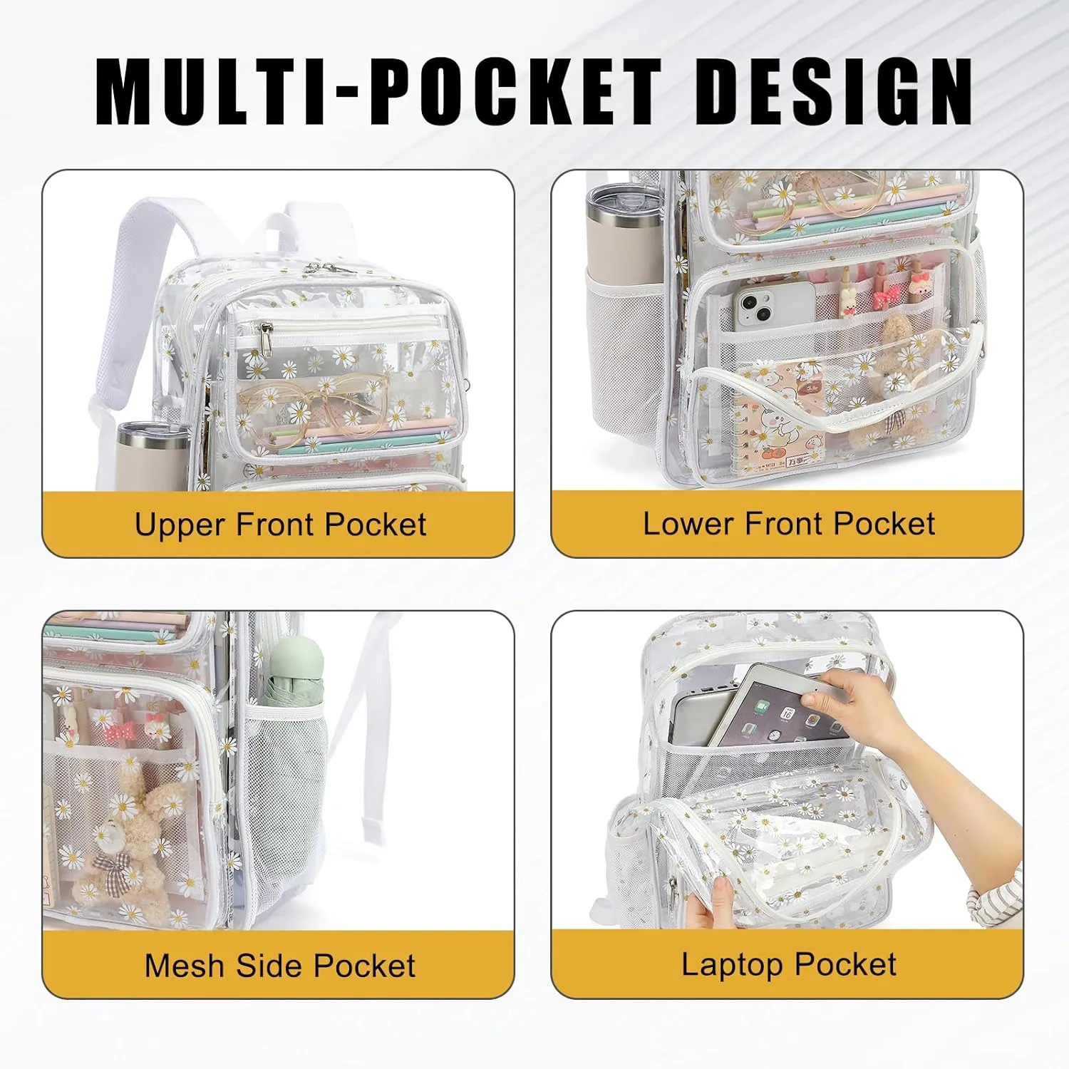 Daisy Clear Backpack for Girls Women, Heavy Duty Transparent School Backpack See Through Bookbag (White)