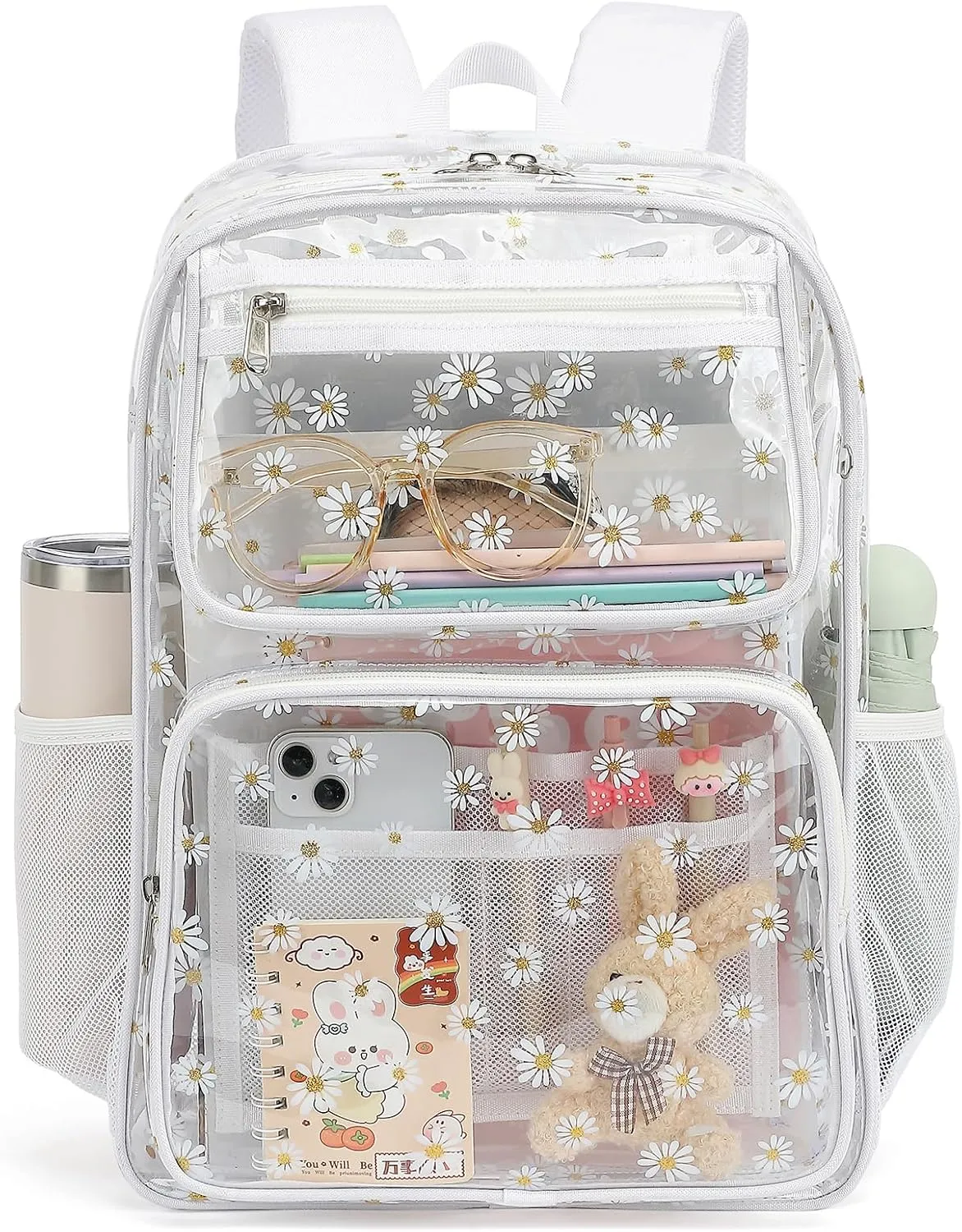Daisy Clear Backpack for Girls Women, Heavy Duty Transparent School Backpack See Through Bookbag (White)