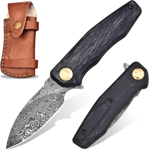 Damascus Pocket Knife with Clip, Damascus Steel Folding Knives for Men Women - EDC Knife with Sheath for Camping, Hiking,