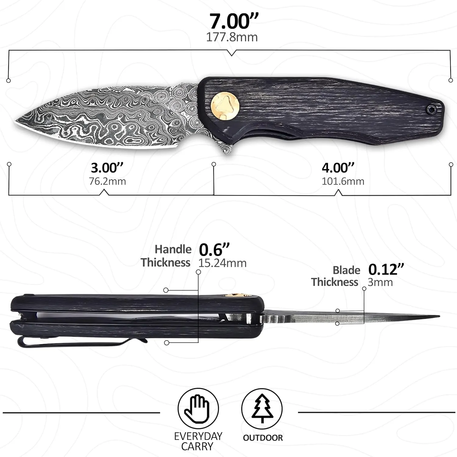Damascus Pocket Knife with Clip, Damascus Steel Folding Knives for Men Women - EDC Knife with Sheath for Camping, Hiking,