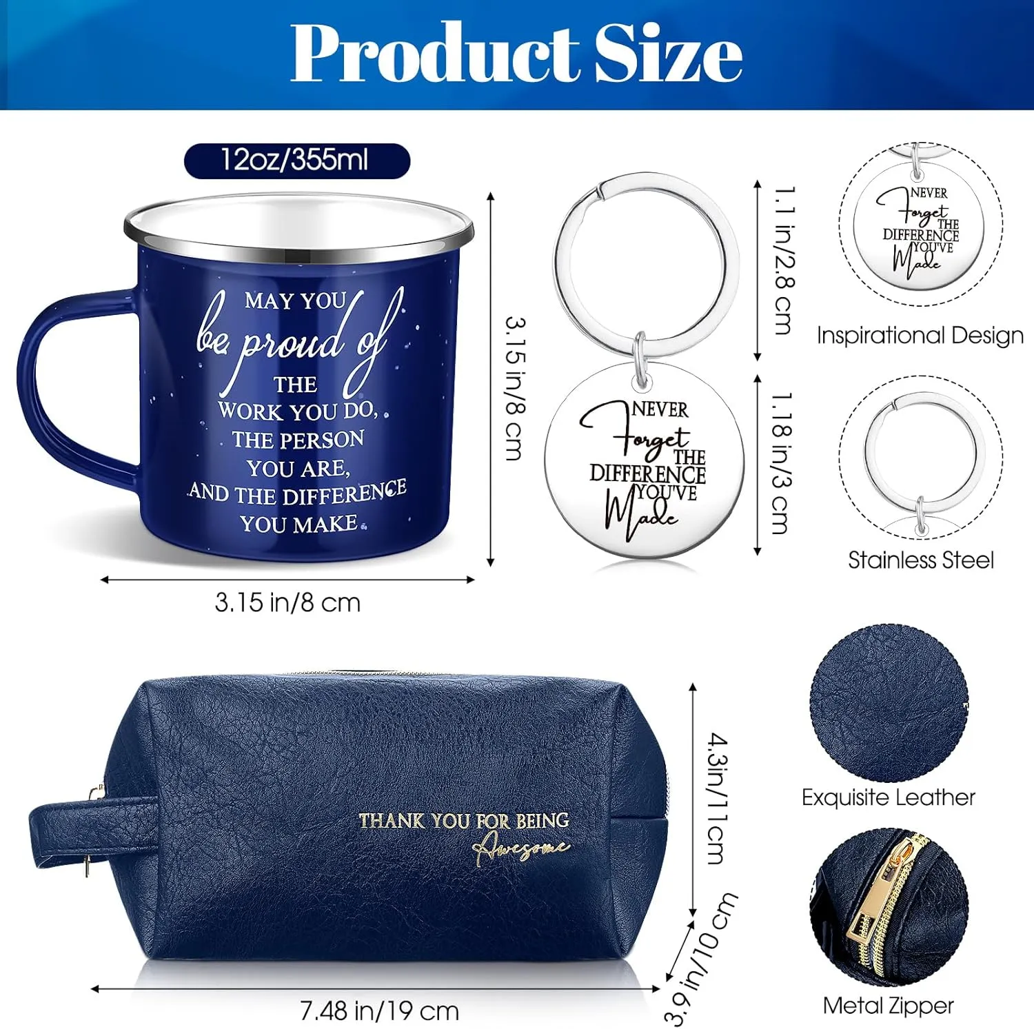 Dandat 3 Pcs Thank You Gift for Men Employee Appreciation Gift Leather Toiletry Bag 12 oz Inspirational Enamel Mug Motivational Keychain May You Be Proud Sign for Coach Men Teacher Male Staff (Blue)