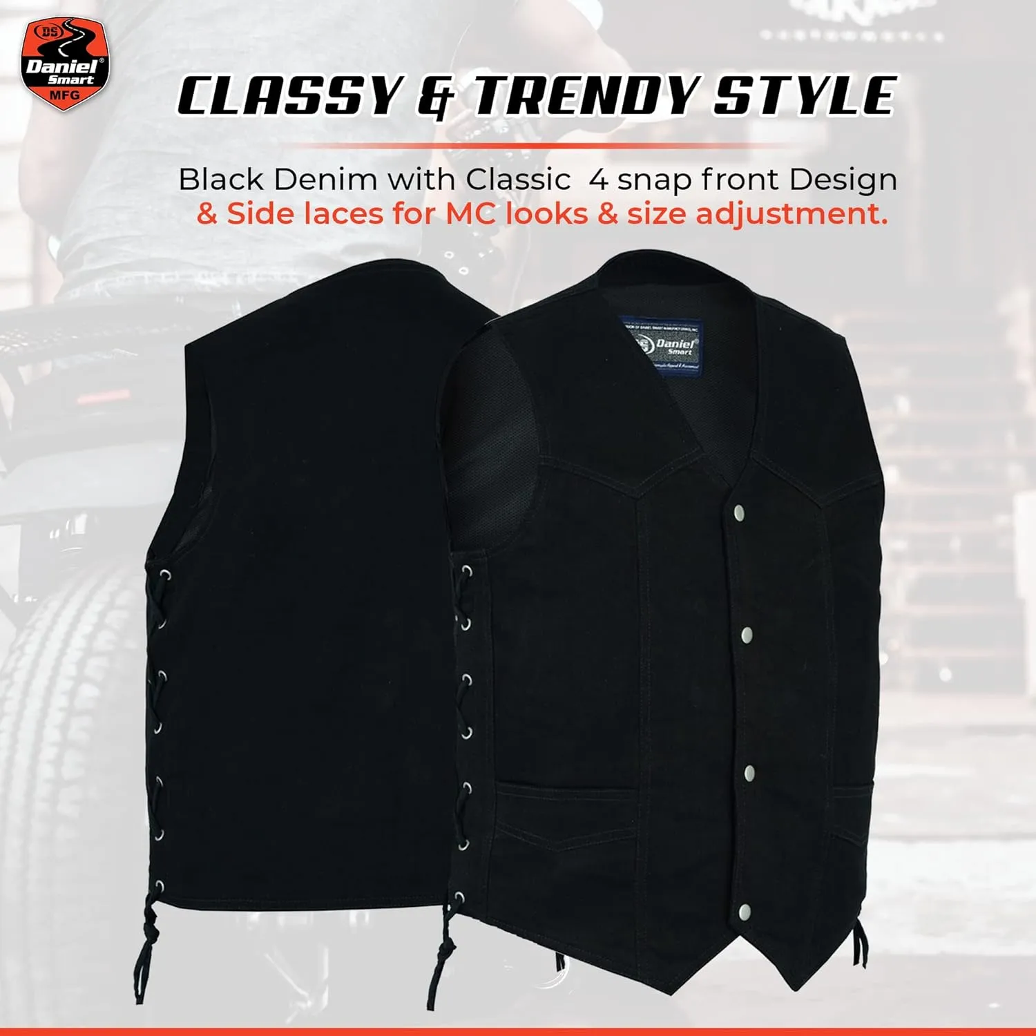Daniel Smart Biker Vest for Men V-Shaped Neck Design Black Denim Vest with plain Side and concealment Armory Pocket
