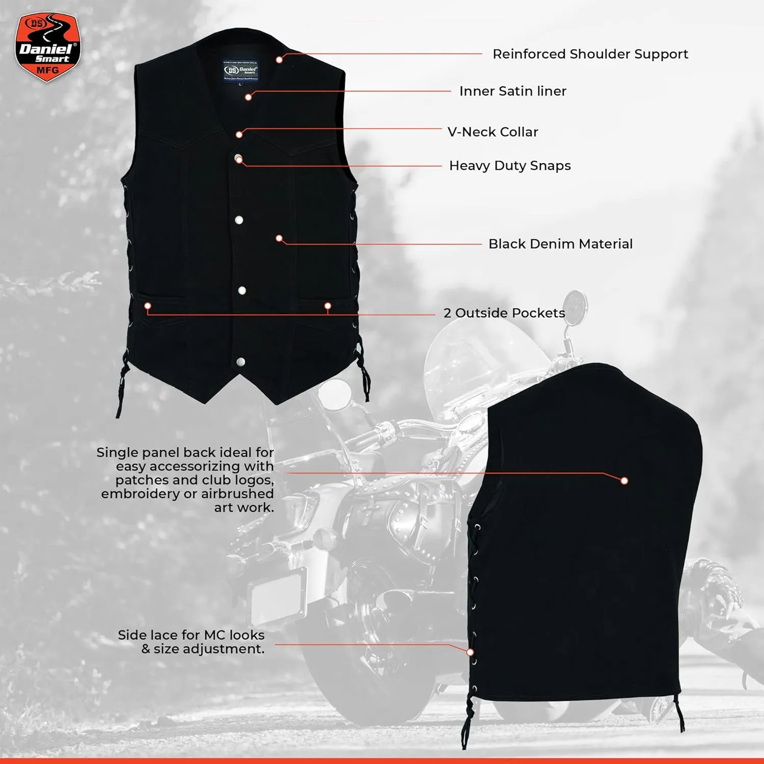 Daniel Smart Biker Vest for Men V-Shaped Neck Design Black Denim Vest with plain Side and concealment Armory Pocket