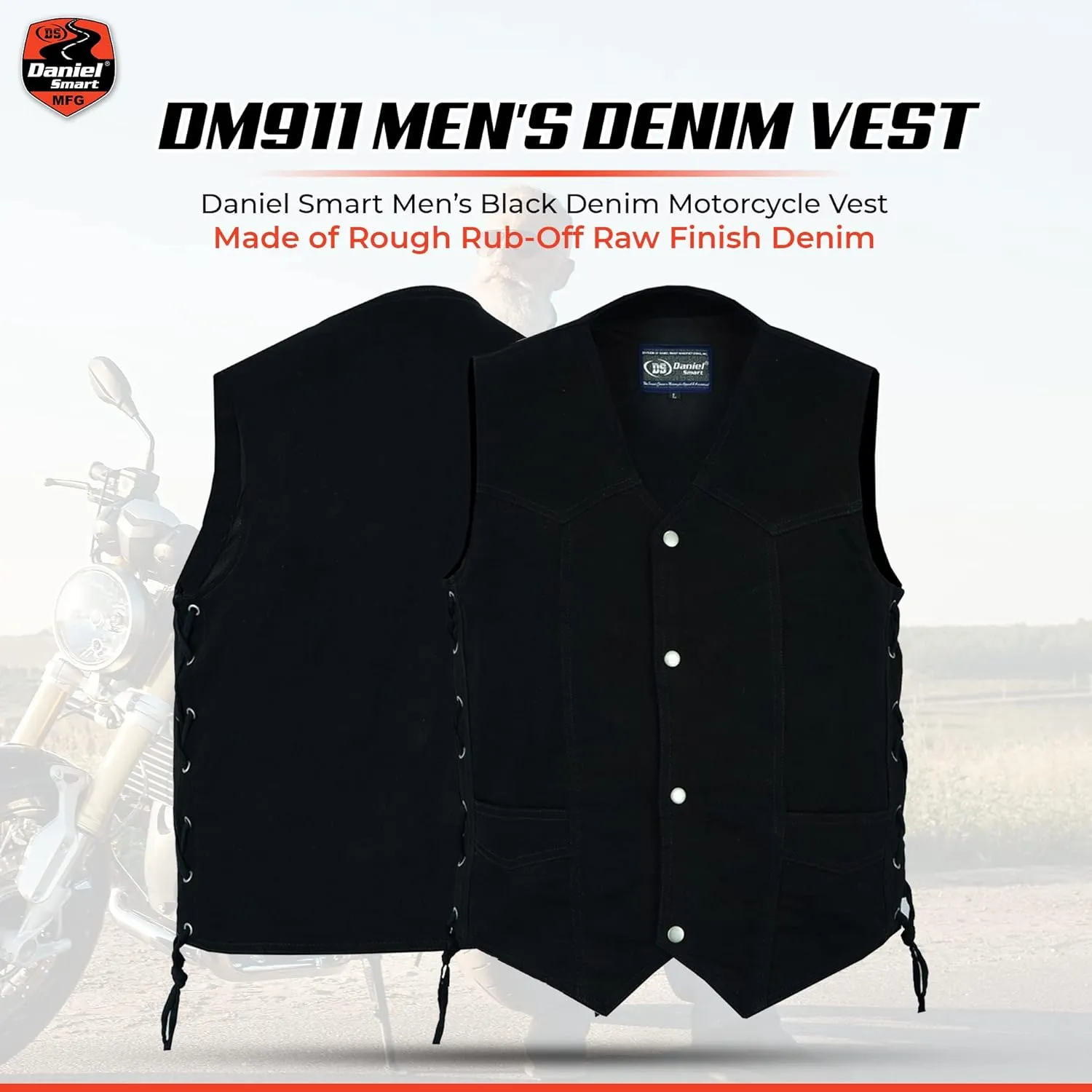 Daniel Smart Biker Vest for Men V-Shaped Neck Design Black Denim Vest with plain Side and concealment Armory Pocket