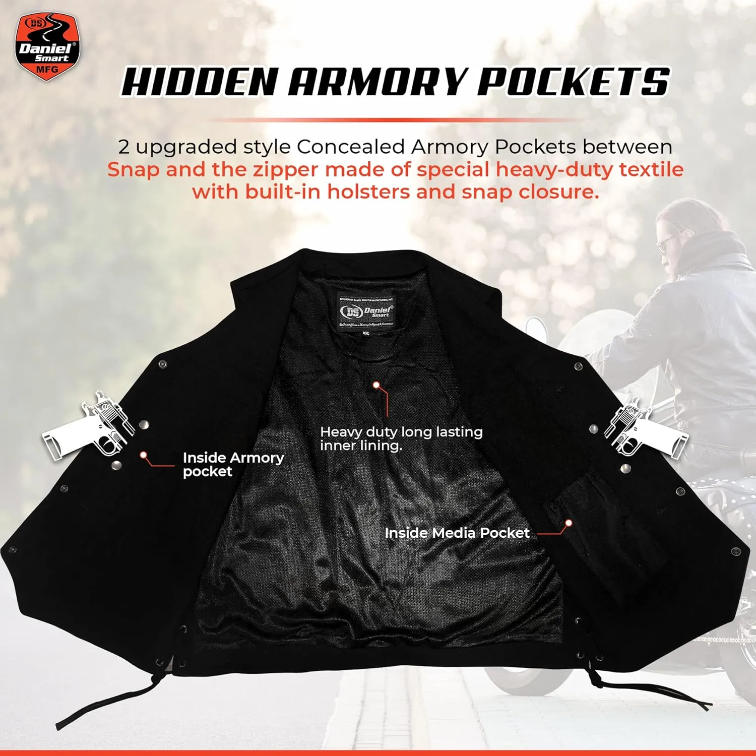 Daniel Smart Biker Vest for Men V-Shaped Neck Design Black Denim Vest with plain Side and concealment Armory Pocket