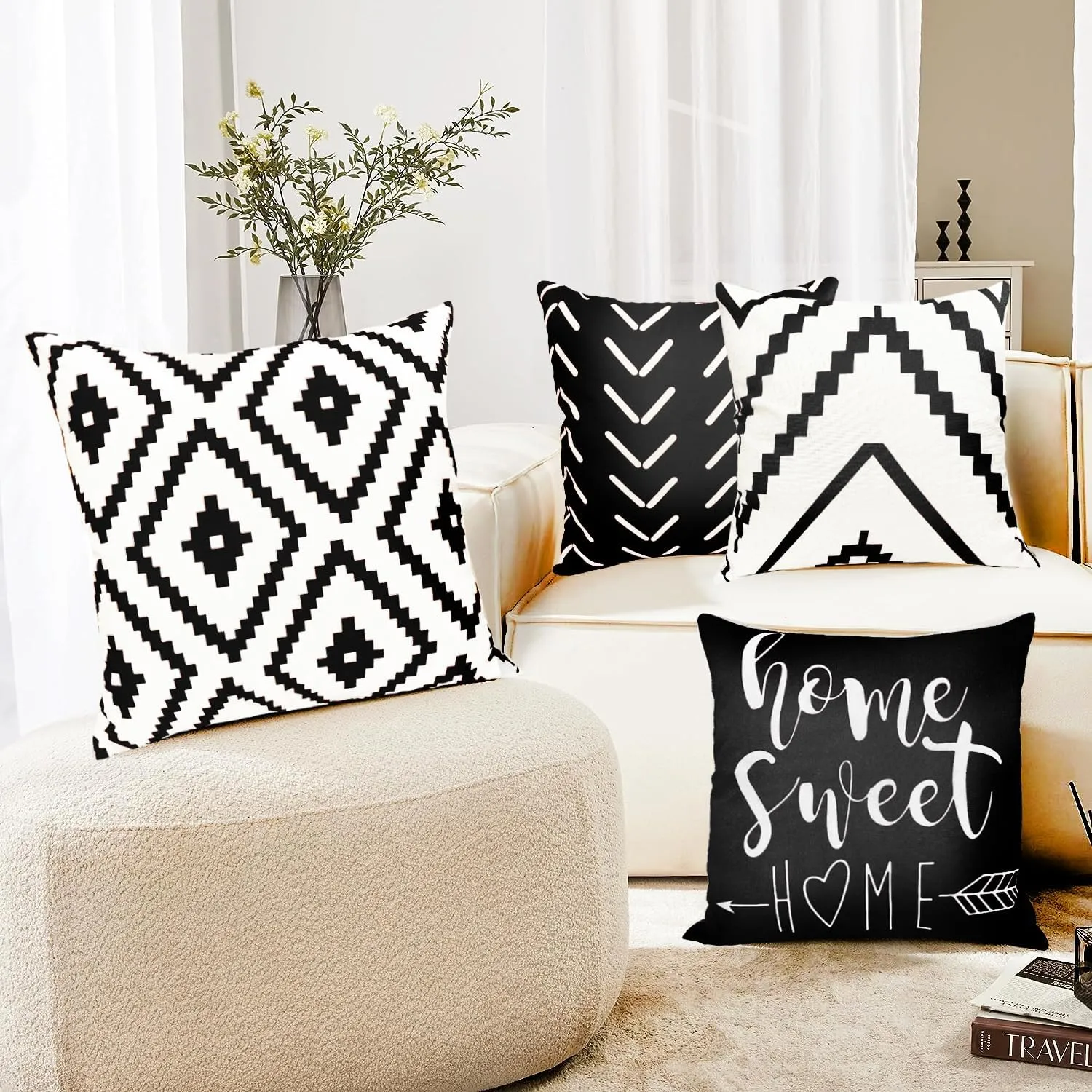 Decorative Throw Pillow Covers 18x18 inch Black White Pillow Covers for Couch Sofa Living Room Bedroom Farmhouse Outdoor Throw Pillow Cover,Modern Geometric Linen Square Throw Pillow Case Set of 4