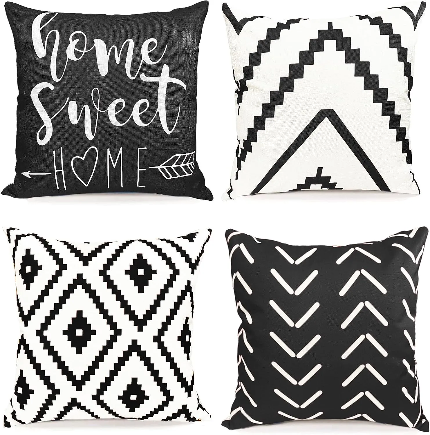 Decorative Throw Pillow Covers 18x18 inch Black White Pillow Covers for Couch Sofa Living Room Bedroom Farmhouse Outdoor Throw Pillow Cover,Modern Geometric Linen Square Throw Pillow Case Set of 4
