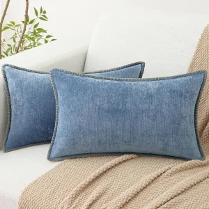 decorUhome Chenille Soft Throw Pillow Covers 12x20 Set of 2, Lumbar Velvet Farmhouse Neutral Decorative Pillow Covers with Stitched Edge for Couch Sofa Bed Home Decor, Blue
