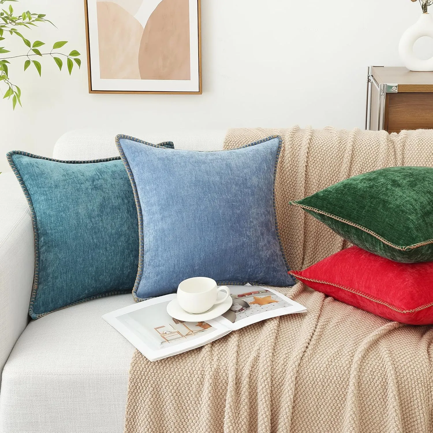 decorUhome Chenille Soft Throw Pillow Covers 12x20 Set of 2, Lumbar Velvet Farmhouse Neutral Decorative Pillow Covers with Stitched Edge for Couch Sofa Bed Home Decor, Blue