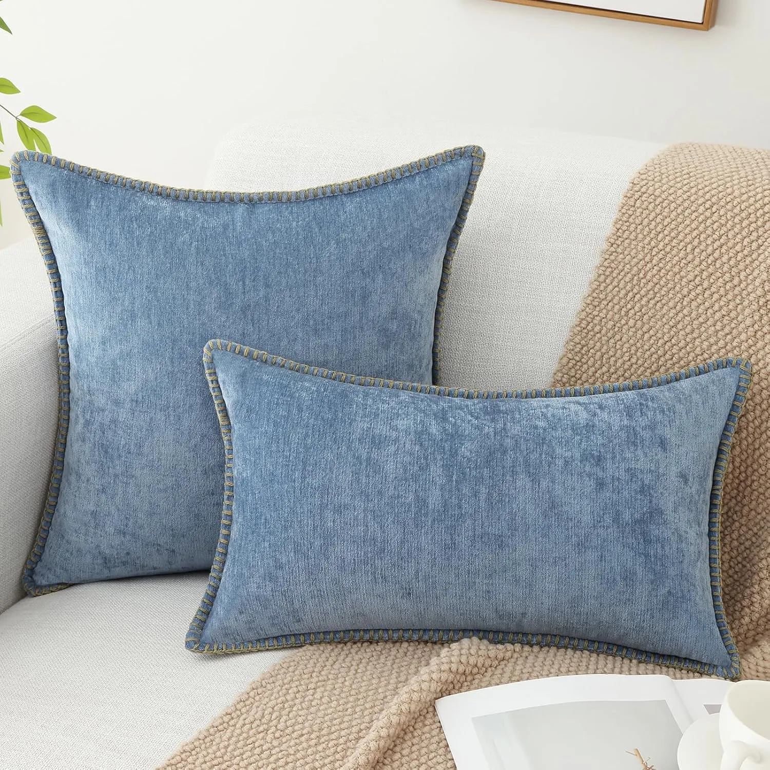 decorUhome Chenille Soft Throw Pillow Covers 12x20 Set of 2, Lumbar Velvet Farmhouse Neutral Decorative Pillow Covers with Stitched Edge for Couch Sofa Bed Home Decor, Blue