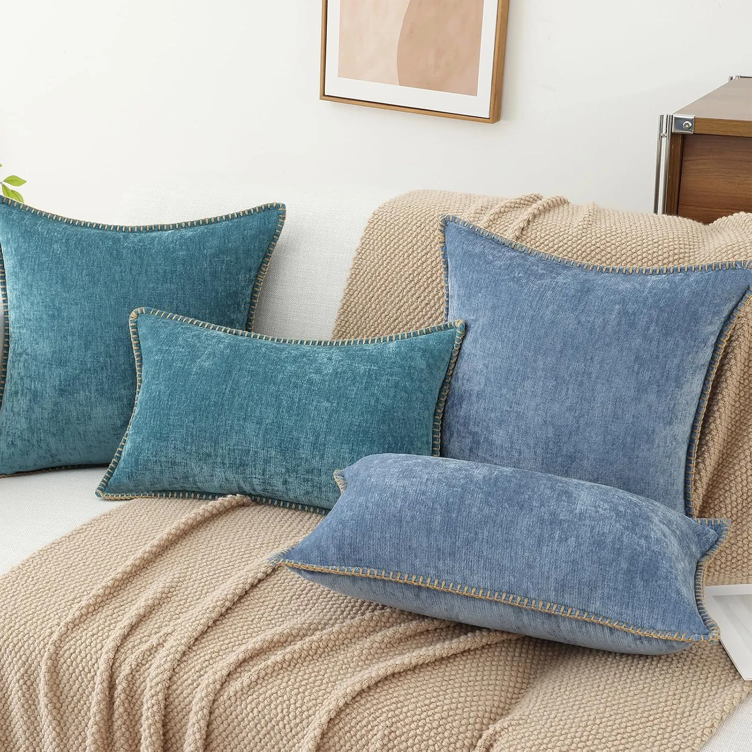 decorUhome Chenille Soft Throw Pillow Covers 12x20 Set of 2, Lumbar Velvet Farmhouse Neutral Decorative Pillow Covers with Stitched Edge for Couch Sofa Bed Home Decor, Blue