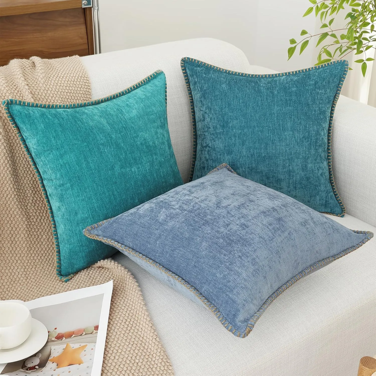 decorUhome Chenille Soft Throw Pillow Covers 12x20 Set of 2, Lumbar Velvet Farmhouse Neutral Decorative Pillow Covers with Stitched Edge for Couch Sofa Bed Home Decor, Blue