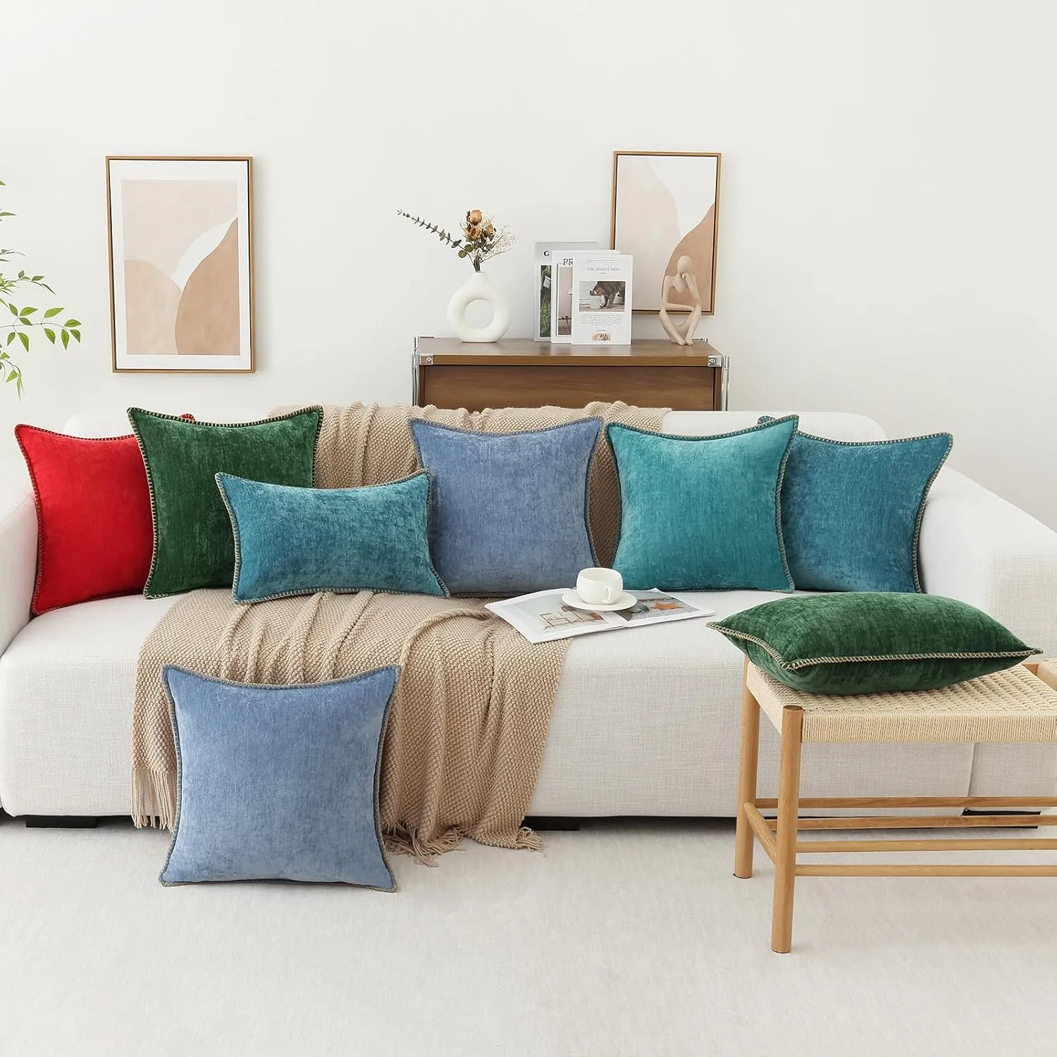 decorUhome Chenille Soft Throw Pillow Covers 12x20 Set of 2, Lumbar Velvet Farmhouse Neutral Decorative Pillow Covers with Stitched Edge for Couch Sofa Bed Home Decor, Blue
