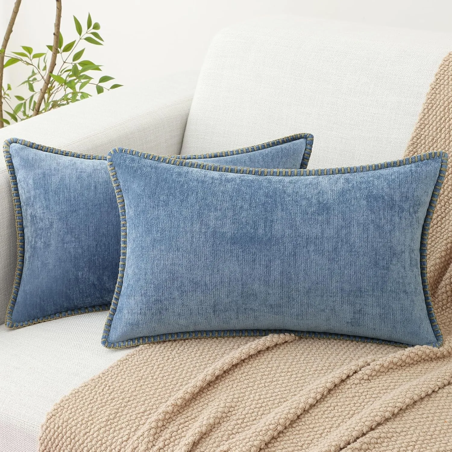 decorUhome Chenille Soft Throw Pillow Covers 12x20 Set of 2, Lumbar Velvet Farmhouse Neutral Decorative Pillow Covers with Stitched Edge for Couch Sofa Bed Home Decor, Blue