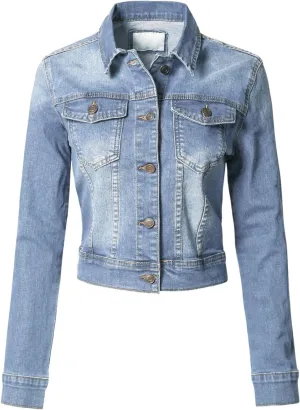 Design by Olivia Women's Classic/Destroyed Vintage Washed Long Sleeve Denim Jean Jacket
