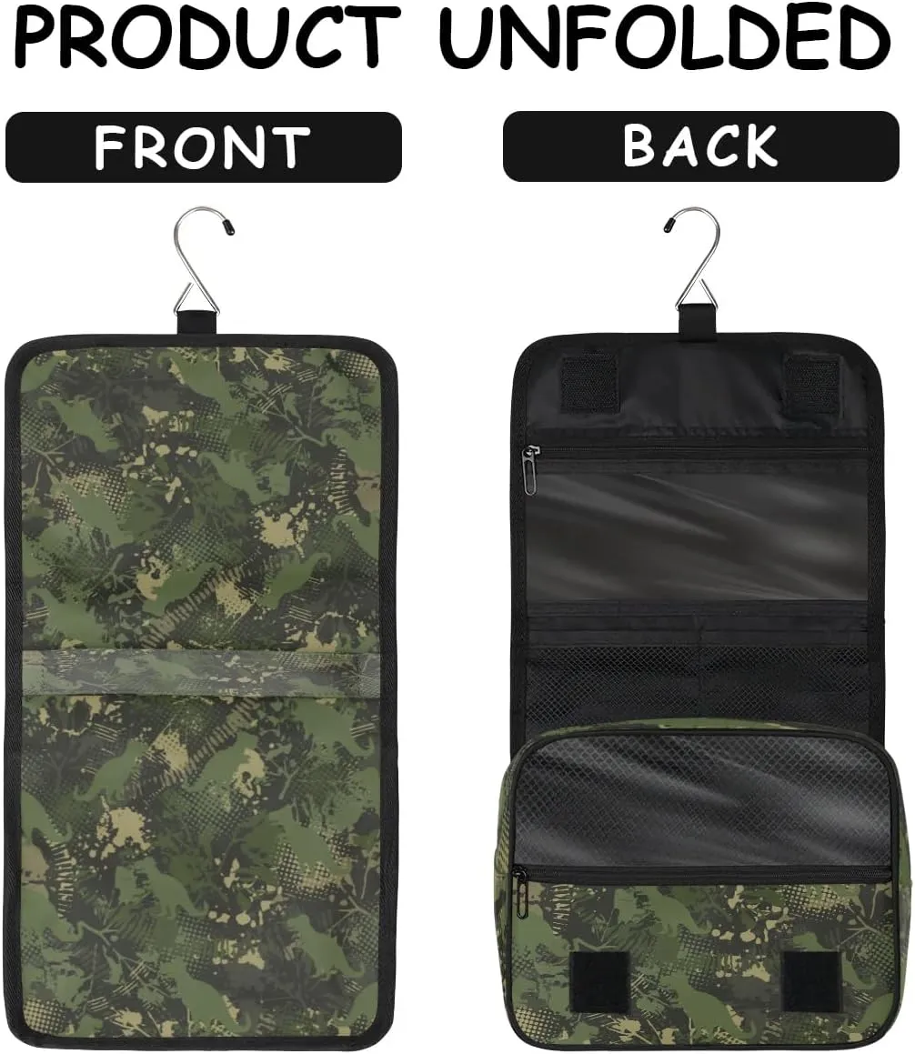Dinosaur Camouflage Hanging Toiletry Bag, Spacious Travel Toiletry Bag for Women Men, Cosmetic Bags for Women, Travel Makeup Bag Suitable for Business, Camping, and Fitness