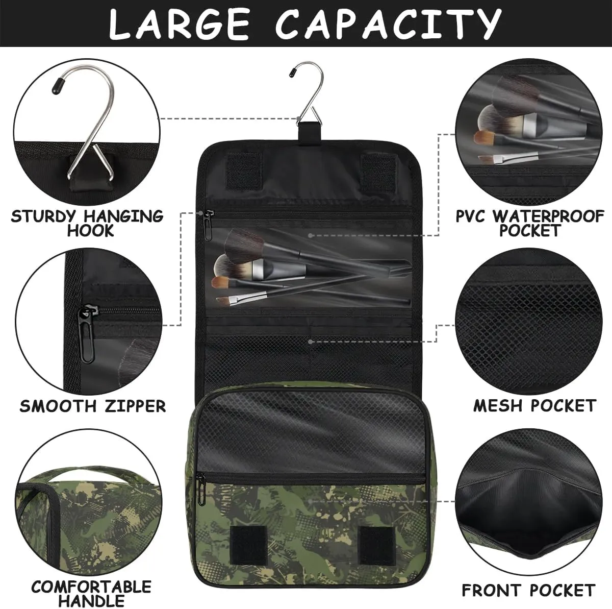 Dinosaur Camouflage Hanging Toiletry Bag, Spacious Travel Toiletry Bag for Women Men, Cosmetic Bags for Women, Travel Makeup Bag Suitable for Business, Camping, and Fitness