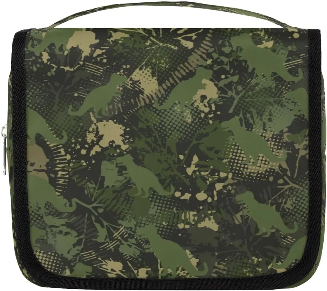 Dinosaur Camouflage Hanging Toiletry Bag, Spacious Travel Toiletry Bag for Women Men, Cosmetic Bags for Women, Travel Makeup Bag Suitable for Business, Camping, and Fitness