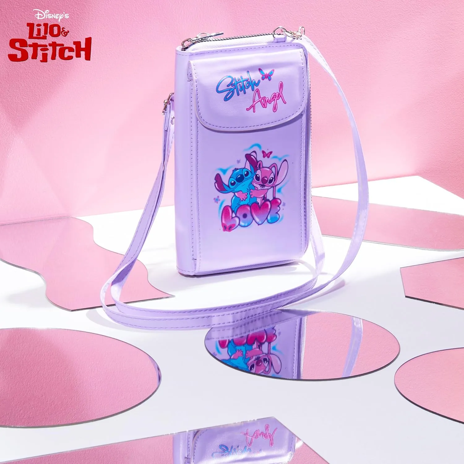 Disney Stitch Crossbody Bag for Girls, Phone Bag with Card Slots Adjustable Strap Stitch Gifts (Pink)