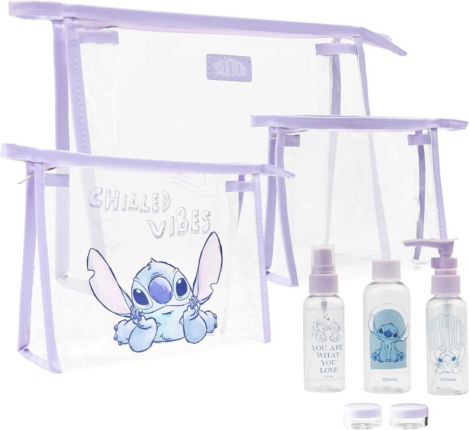 Disney Stitch Toiletry Bag Set for Women Teens Cosmetic Bag with Travel Bottles (Lilac Stitch 8 Pcs)
