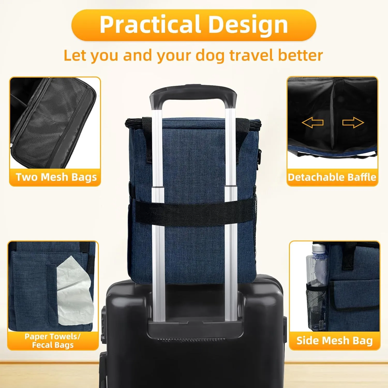 Dog Travel Bag, Weekend Dog Travel Accessories for Camping, Pet Travel Bags with 2 Collapsible Dog Bowls, 2 Travel Dog Food Container, 1 Waterproof Pet Feeding Mat - S, Tibetan Blue