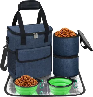Dog Travel Bag, Weekend Dog Travel Accessories for Camping, Pet Travel Bags with 2 Collapsible Dog Bowls, 2 Travel Dog Food Container, 1 Waterproof Pet Feeding Mat - S, Tibetan Blue