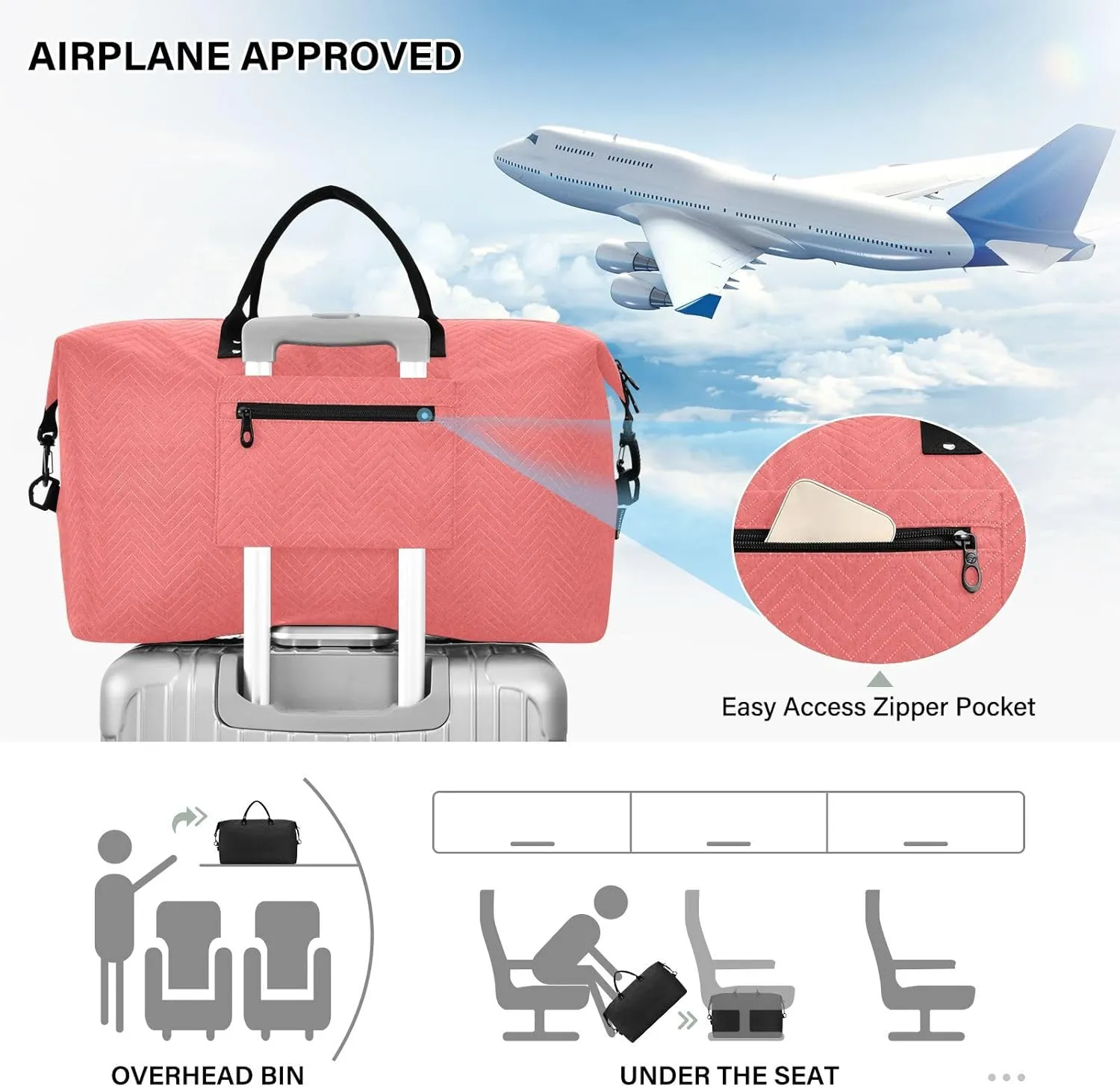 DOMIKING Bright Pink Travel Duffle Bag Foldable Weekender Overnight Bags for Women Men Carry On Gym Bag Personal Item Travel Bag with Toiletry Bag for Trip Gym Business Yoga, 2 Pcs