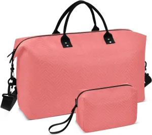 DOMIKING Bright Pink Travel Duffle Bag Foldable Weekender Overnight Bags for Women Men Carry On Gym Bag Personal Item Travel Bag with Toiletry Bag for Trip Gym Business Yoga, 2 Pcs