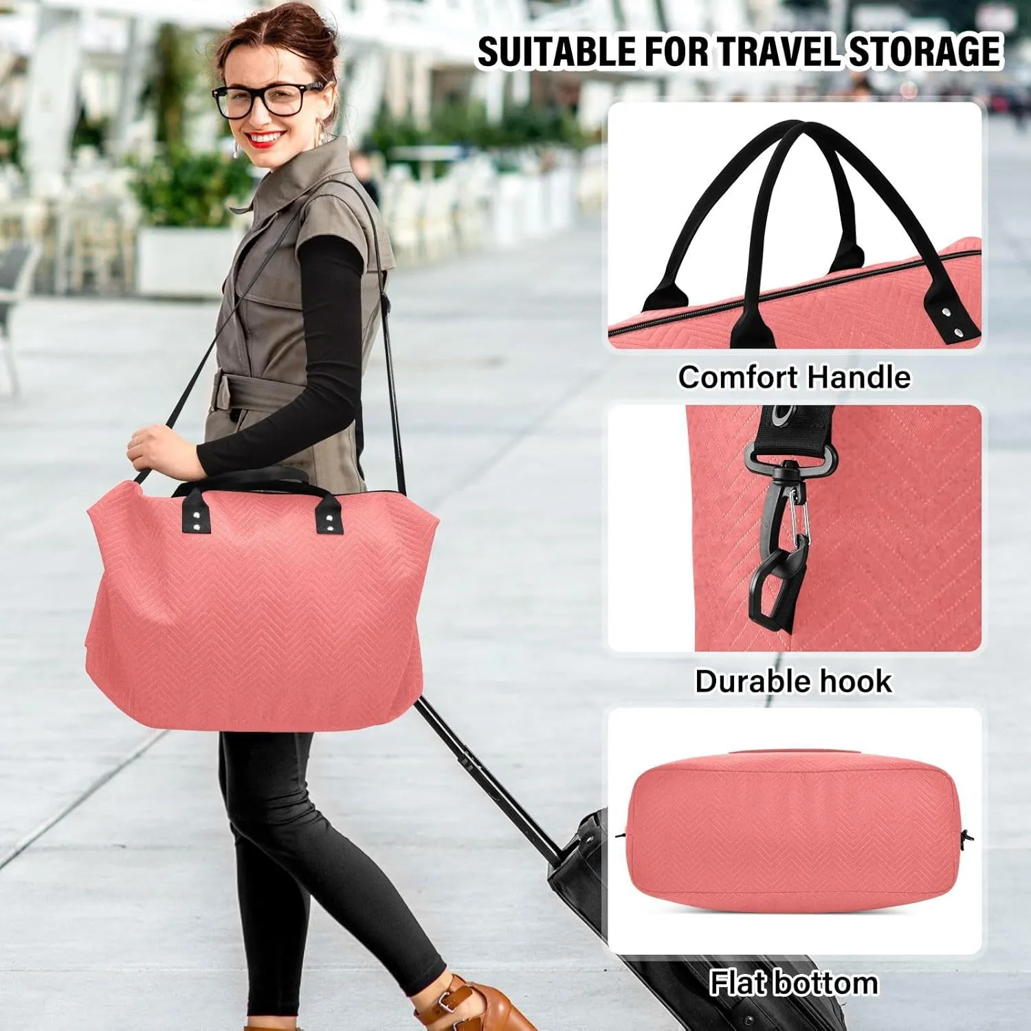 DOMIKING Bright Pink Travel Duffle Bag Foldable Weekender Overnight Bags for Women Men Carry On Gym Bag Personal Item Travel Bag with Toiletry Bag for Trip Gym Business Yoga, 2 Pcs