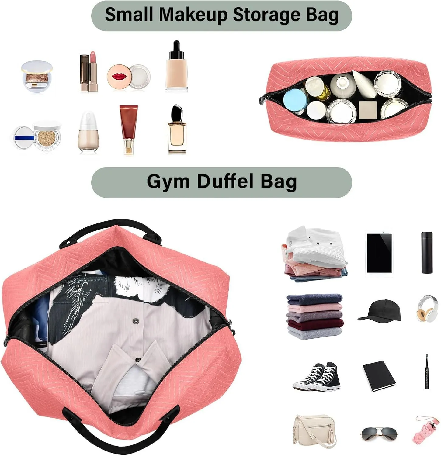 DOMIKING Bright Pink Travel Duffle Bag Foldable Weekender Overnight Bags for Women Men Carry On Gym Bag Personal Item Travel Bag with Toiletry Bag for Trip Gym Business Yoga, 2 Pcs