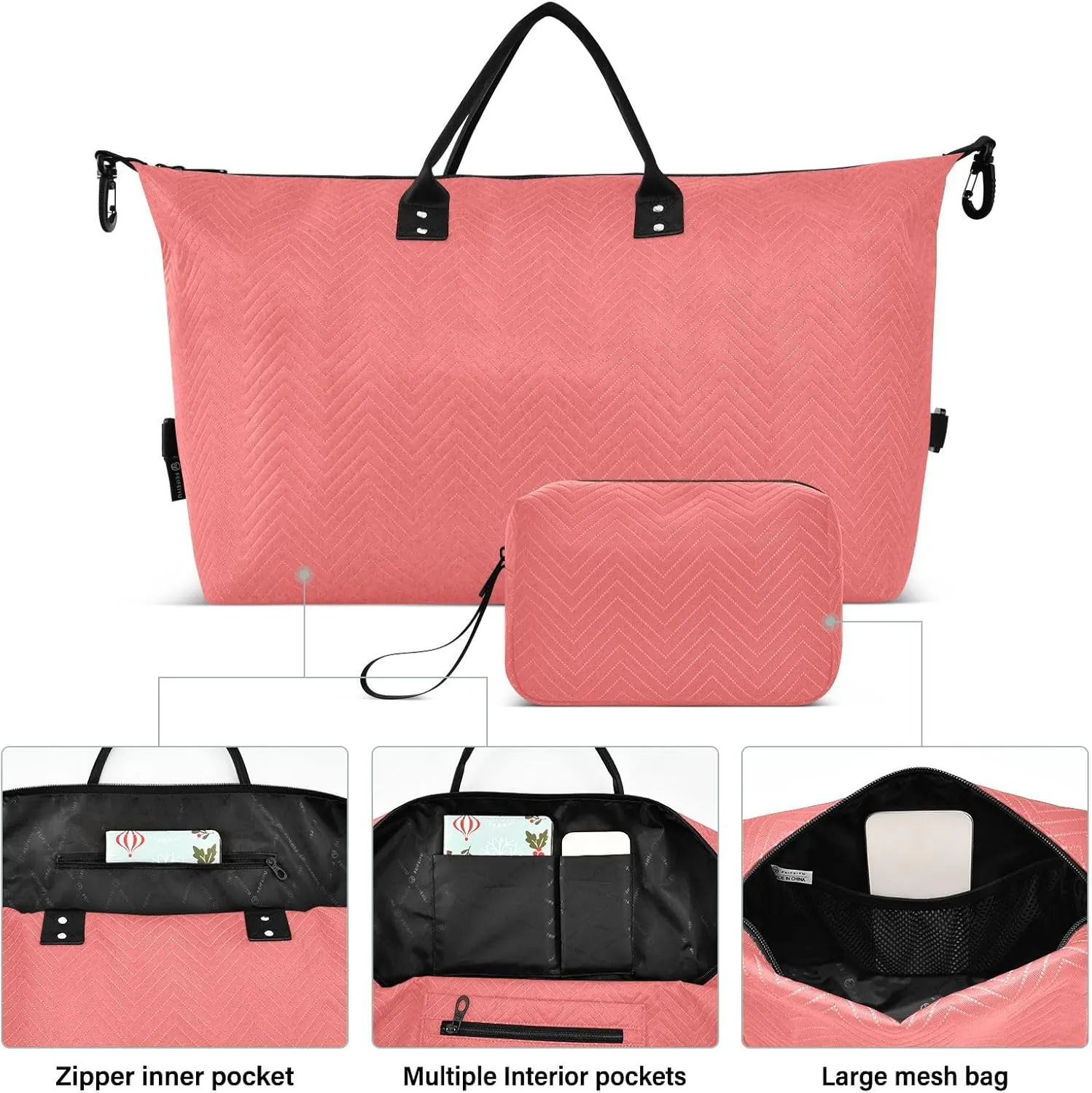 DOMIKING Bright Pink Travel Duffle Bag Foldable Weekender Overnight Bags for Women Men Carry On Gym Bag Personal Item Travel Bag with Toiletry Bag for Trip Gym Business Yoga, 2 Pcs