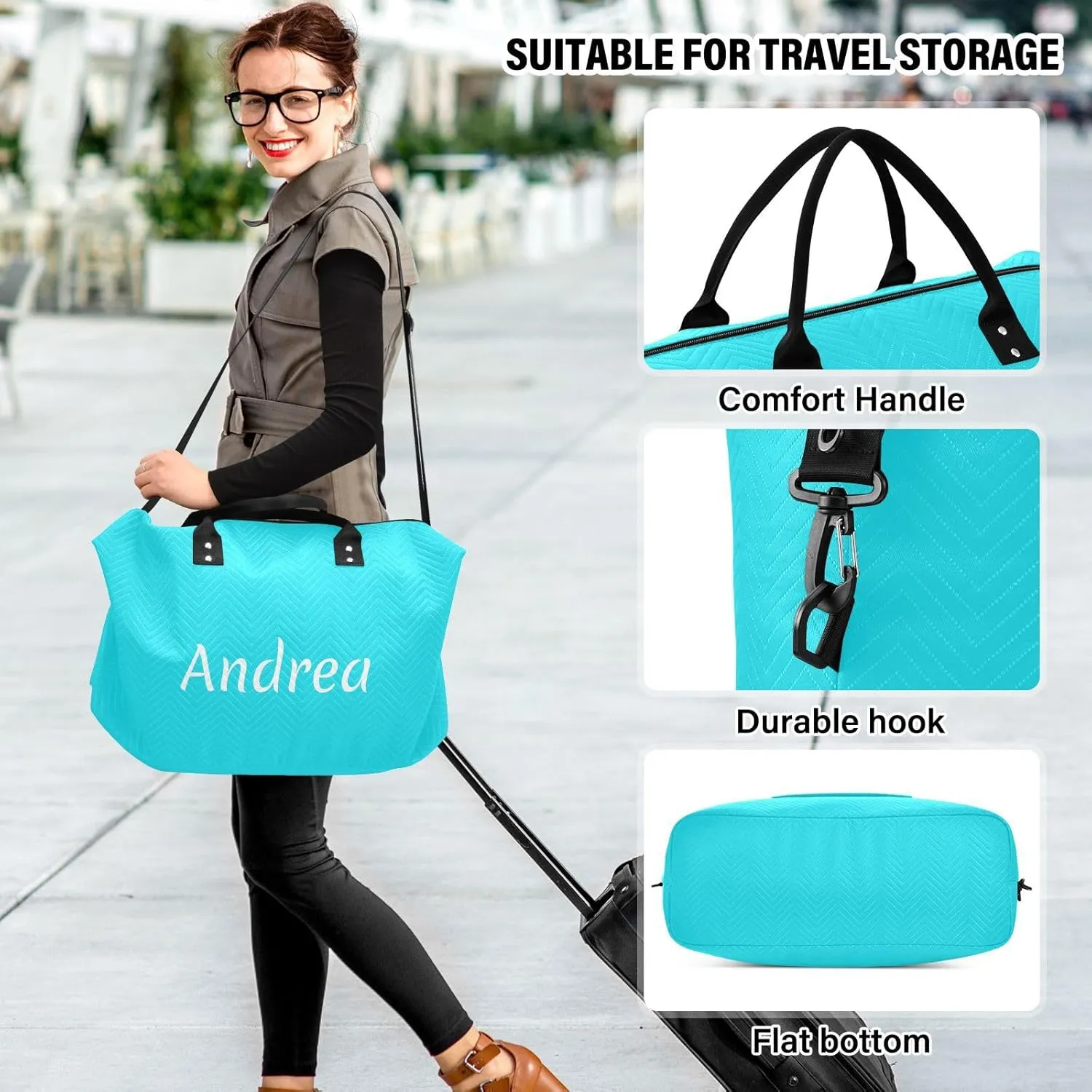 DOMIKING Bright Teal Personalized Duffel Bag Foldable Weekender Bag Overnight Bags for Women Men Custom Sport Gym Bag with Toiletry Bag for Travel Men Business, 2 Pcs